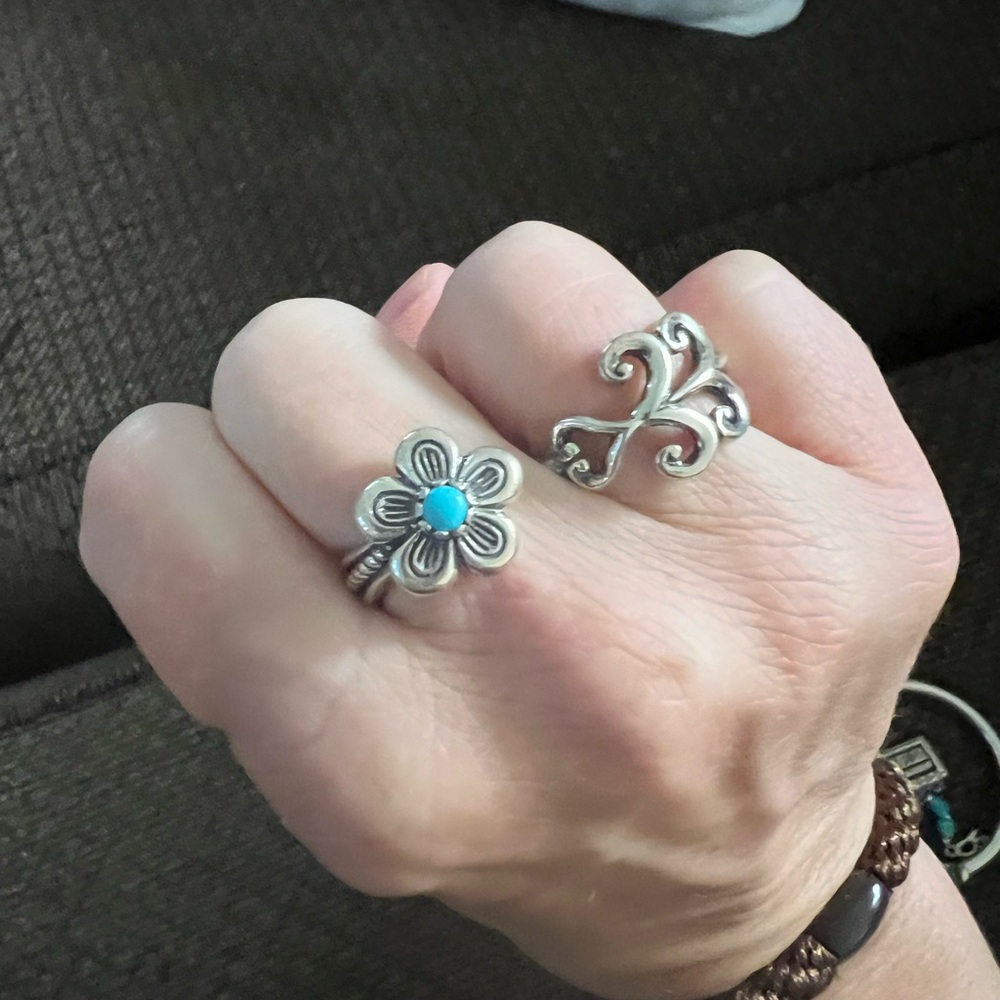 Turquoise and silver double ring. Inside to inside holes measure 3/4”